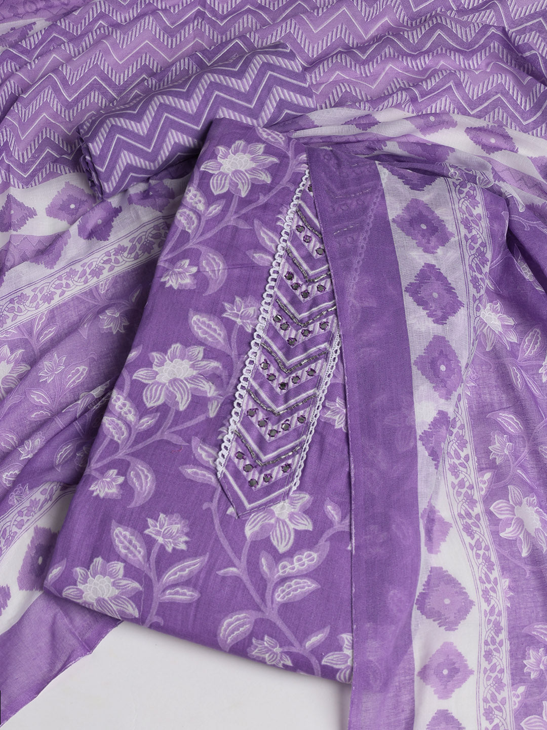 Printed Cotton Blend Unstitched Suit With Dupatta