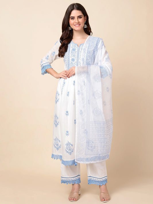 Printed Cotton Anarkali Kurta With Pants & Dupatta