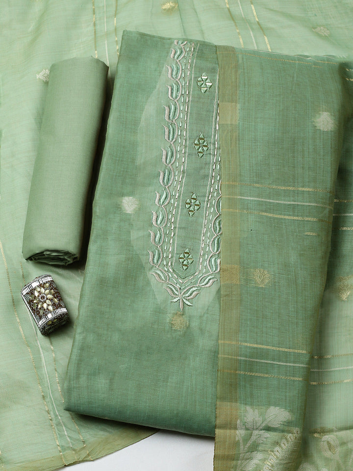 Embroidered Cotton Blend Unstitched Suit With Pant &amp; Dupatta