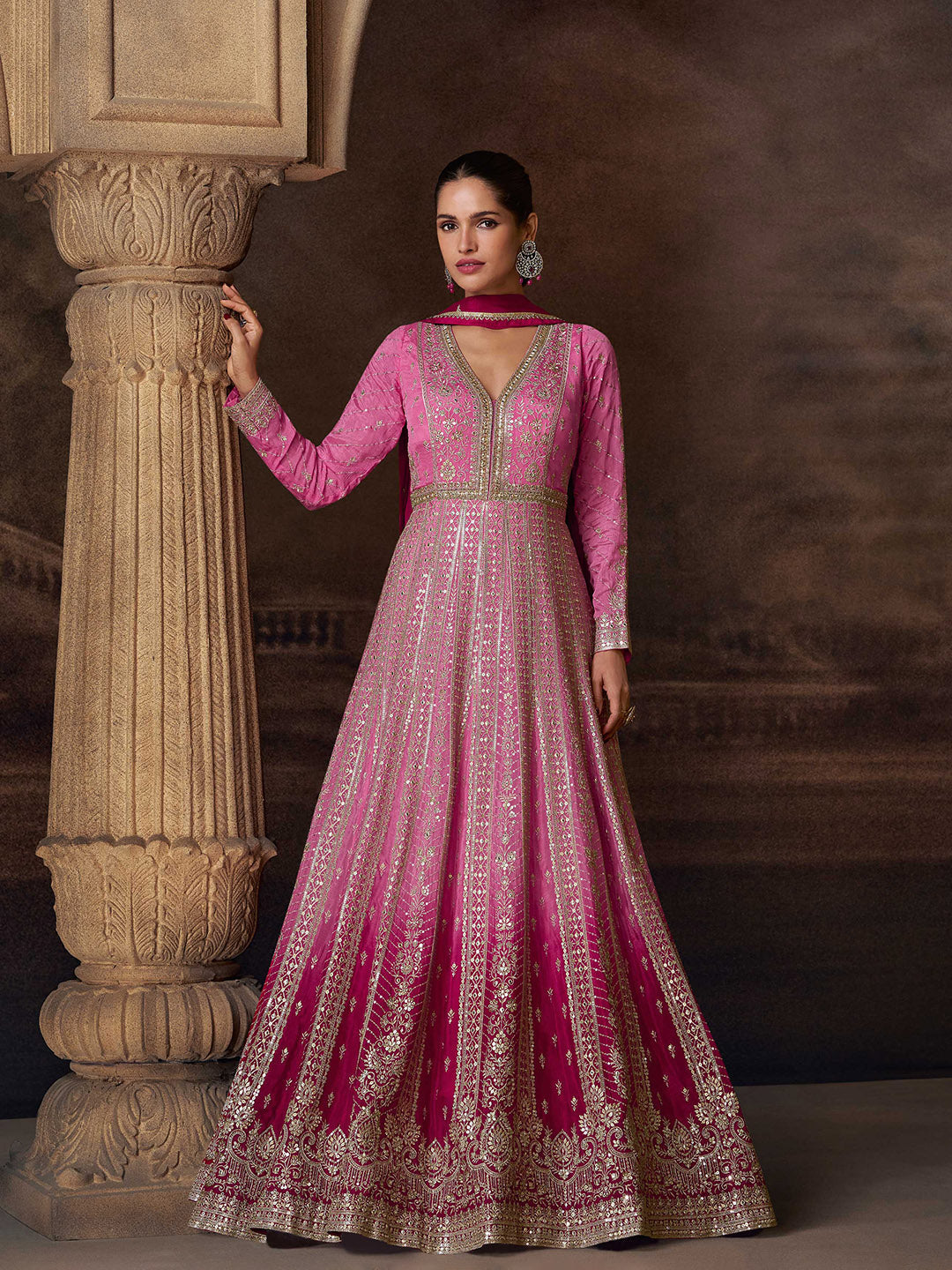Embroidered Chinon Suit With Pant &amp; Dupatta