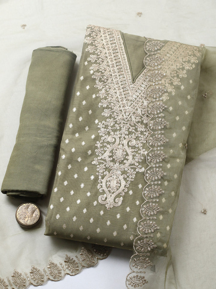 Embroidered Chanderi Unstitched Suit With Pant &amp; Dupatta
