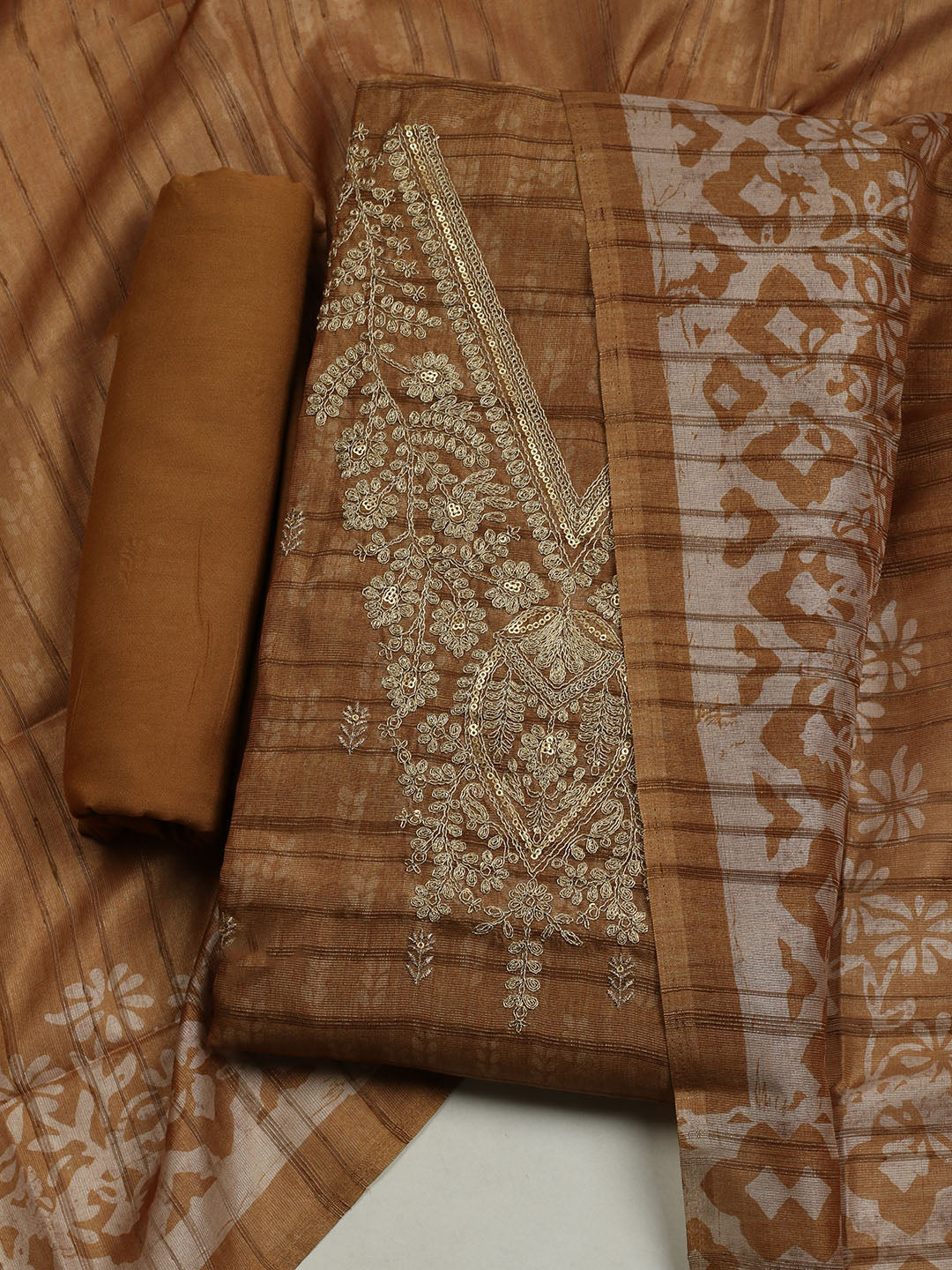 Neck Embroidered Chanderi Unstitched Suit With Dupatta