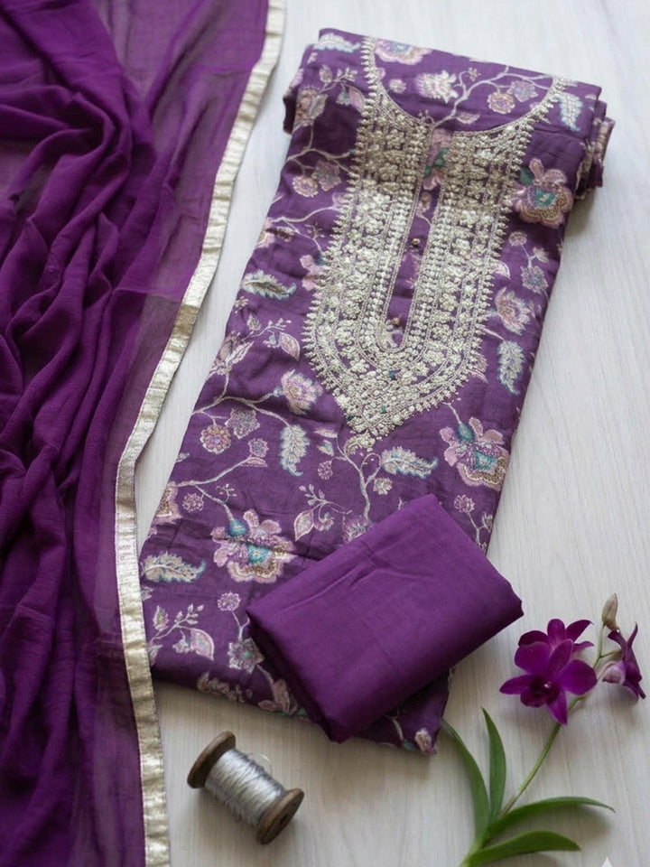 Embroidered Cotton Blend Unstitched Suit With Pant &amp; Dupatta