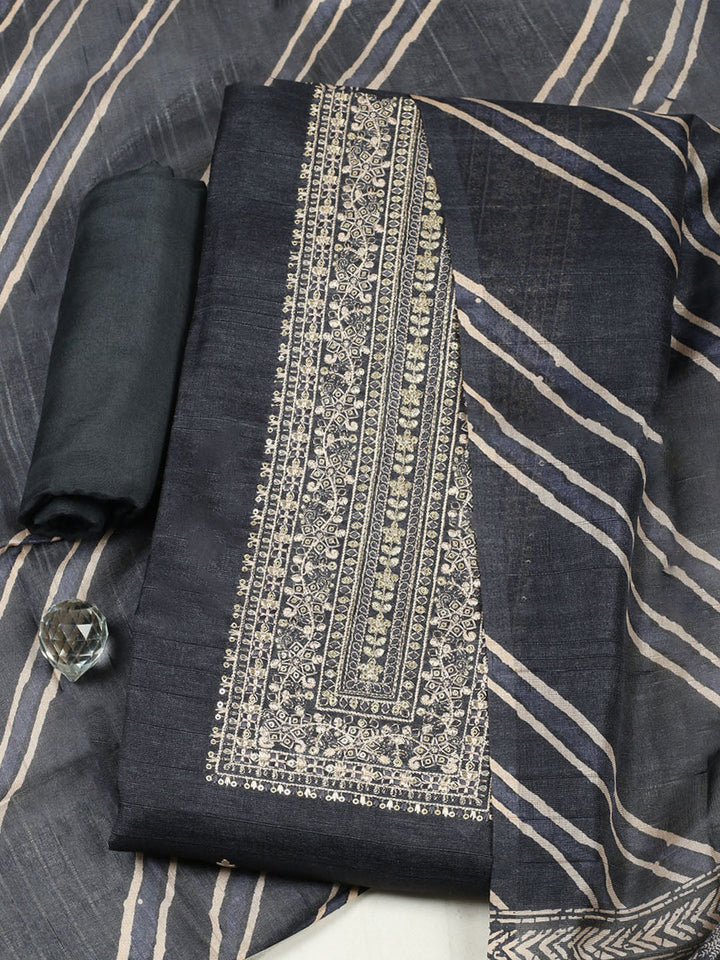 Embroidered Chanderi Unstitched Suit With Pant &amp; Dupatta