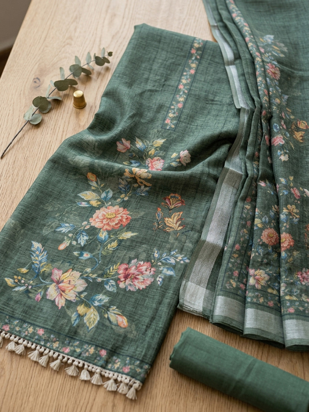 Printed Linen Blend Unstitched Suit With Pant &amp; Dupatta