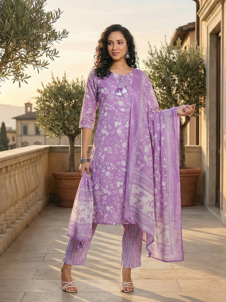 Printed Cotton Blend Kurta With Pant &amp; Dupatta