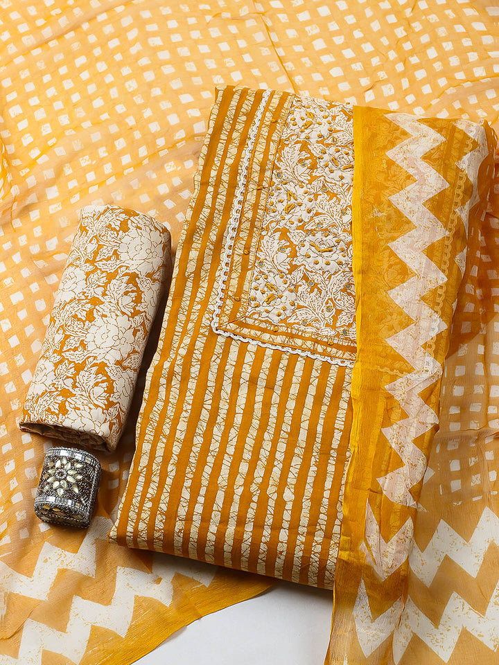 Embroidered Cotton Blend Unstitched Suit With Pant &amp; Dupatta
