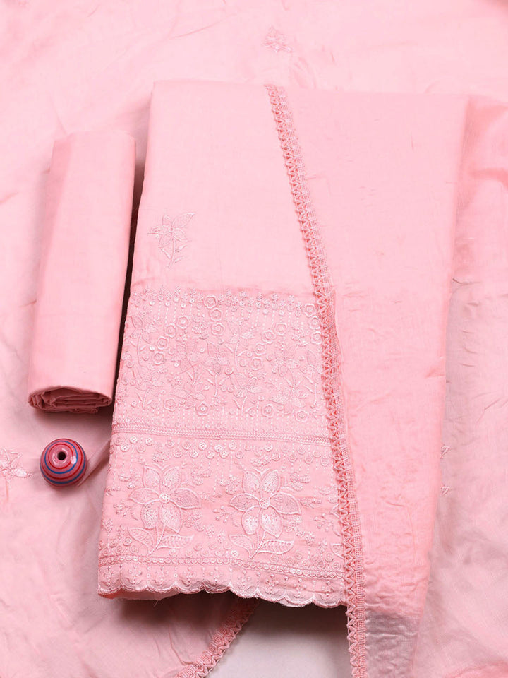 Embroidered Chanderi Unstitched Suit With Pant &amp; Dupatta