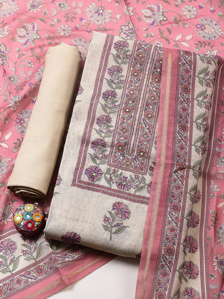 Printed Chanderi Unstitched Suit With Pant &amp; Dupatta