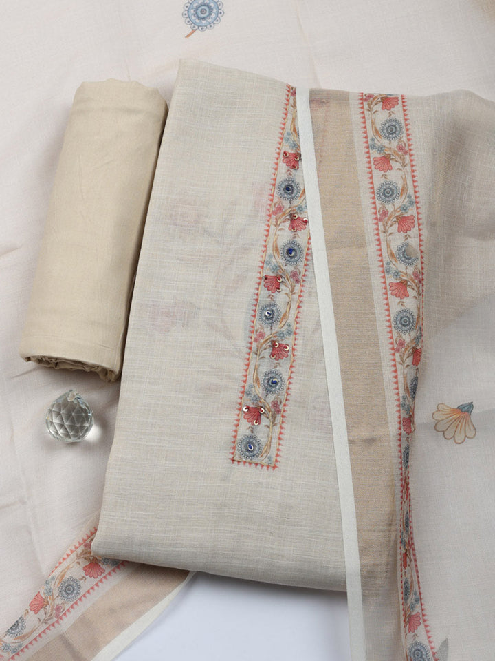 Printed Cotton Blend Unstitched Suit With Pant &amp; Dupatta