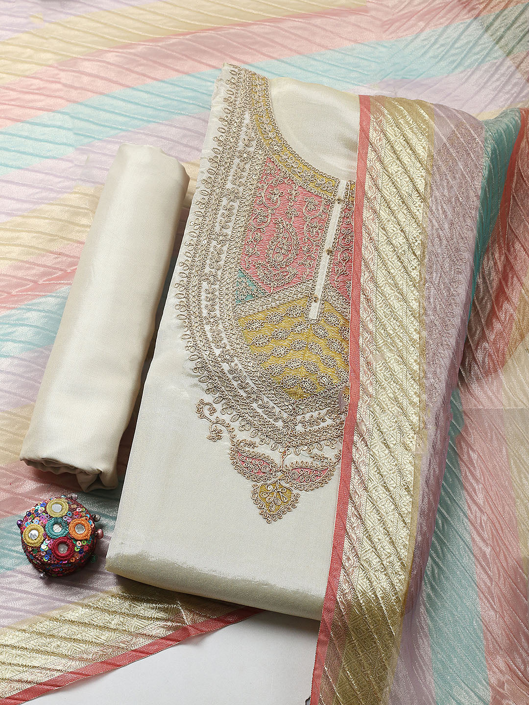 Embroidered Tissue Unstitched Suit With Pant &amp; Dupatta