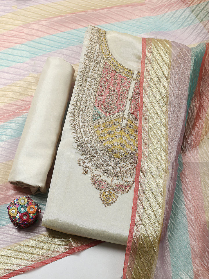 Embroidered Tissue Unstitched Suit With Pant &amp; Dupatta
