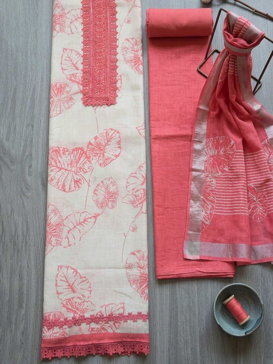 Printed Cotton Blend Unstitched Suit With Pant &amp; Dupatta