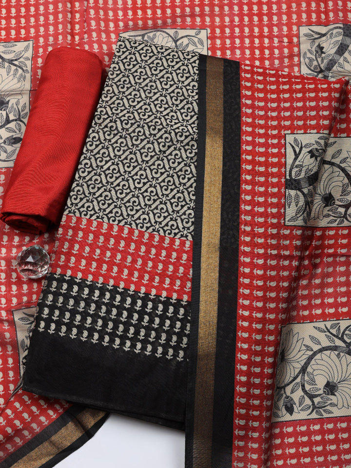 Printed Chanderi Unstitched Suit With Pant &amp; Dupatta