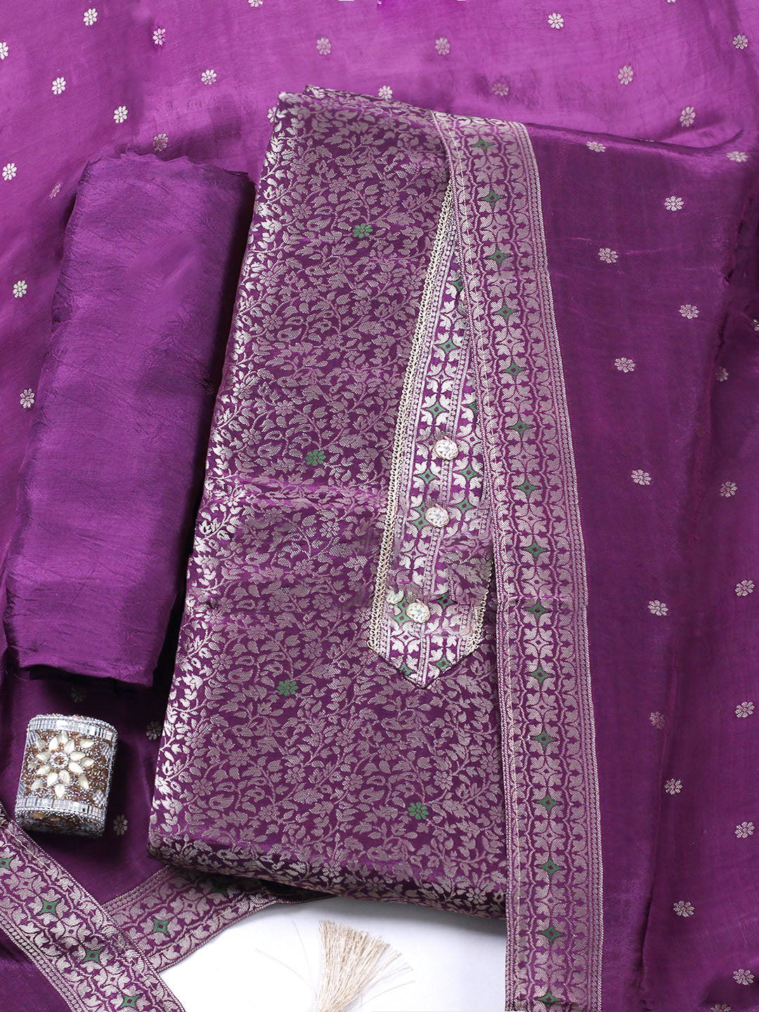 Embroidered Chanderi Unstitched Suit With Pant &amp; Dupatta