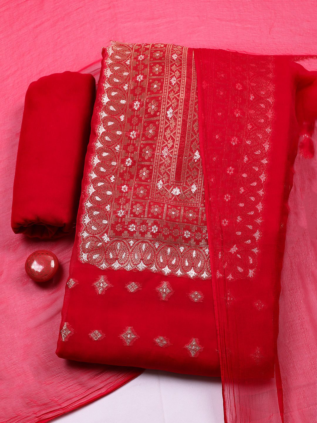 Woven Design Chanderi Unstitched Suit With Pant &amp; Dupatta