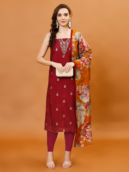 Neck Embroidered Chanderi Unstitched Suit Piece With Dupatta