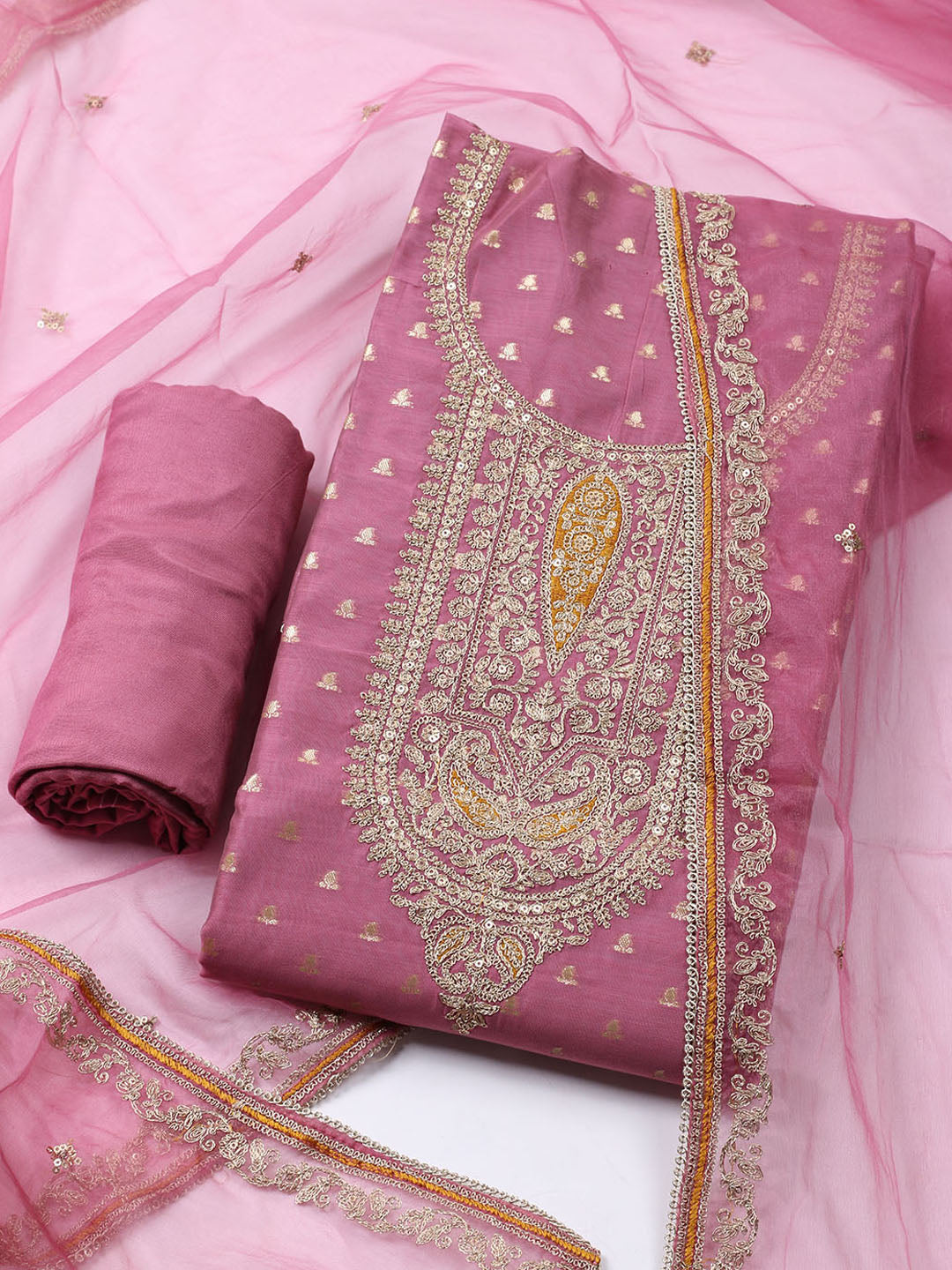 Neck Embroidered Chanderi Unstitched Suit With Dupatta