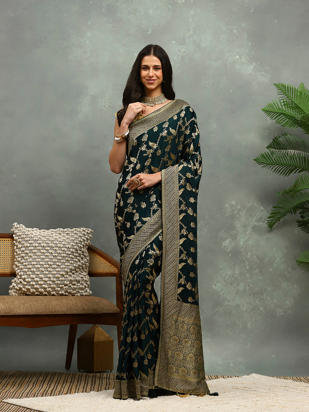 Stone Work Satin Embroidery Saree