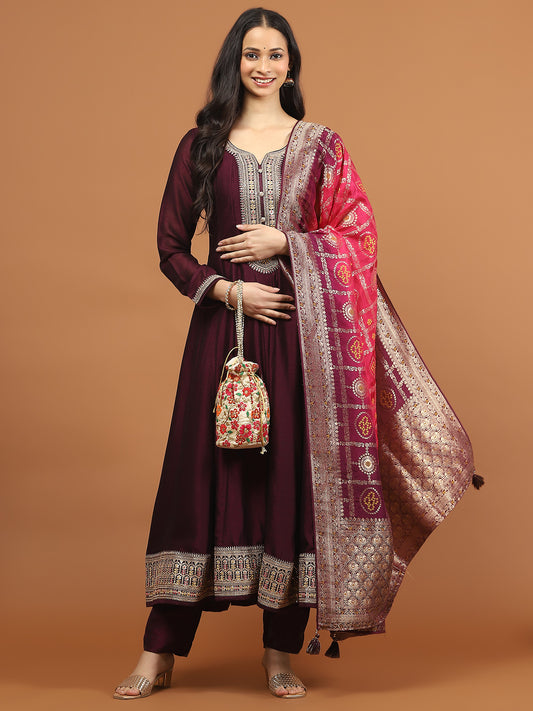 Zari Sequin Embroidery Art Silk Kurta With Pants & Dupatta