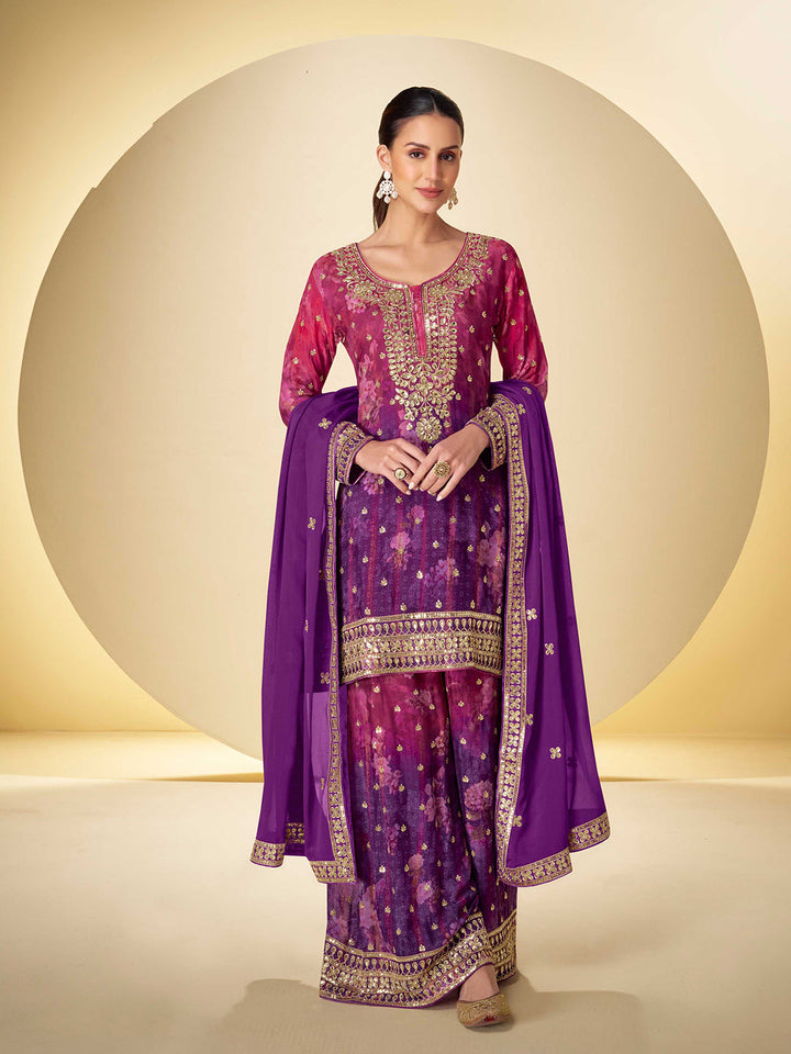 Embroidered Chinon Silk Kurti With Sharara &amp; Dupatta
