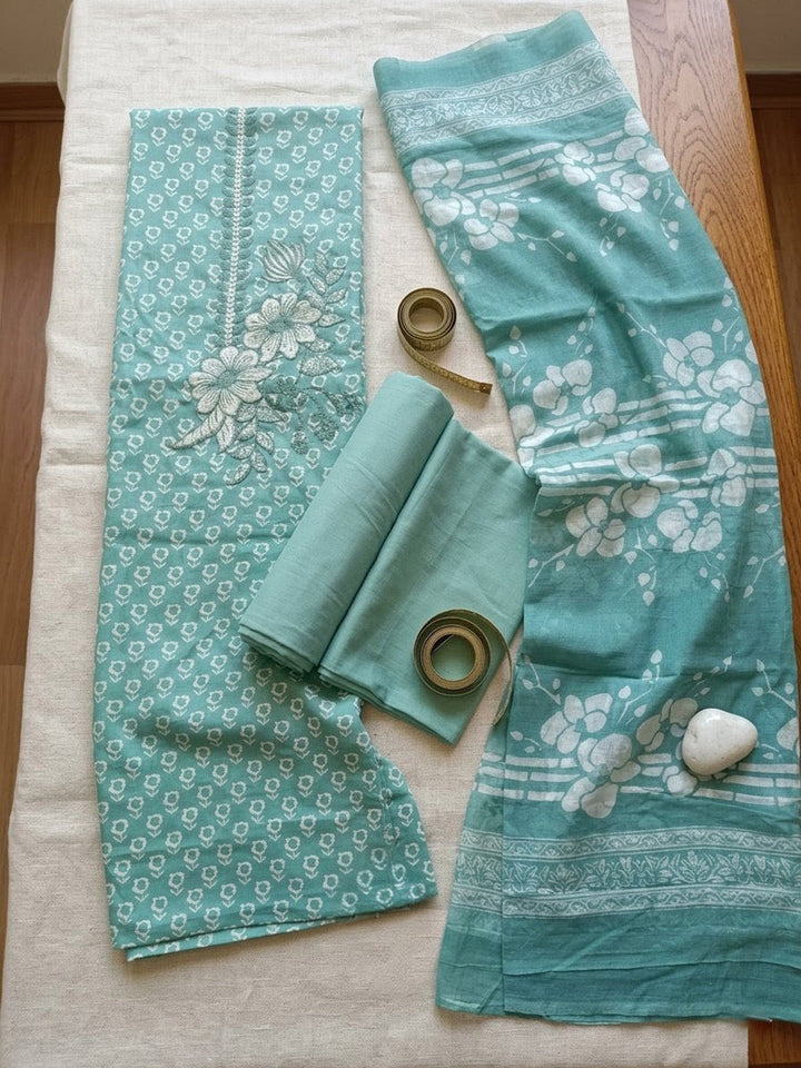 Printed Cotton Blend Unstitched Suit With Pant &amp; Dupatta