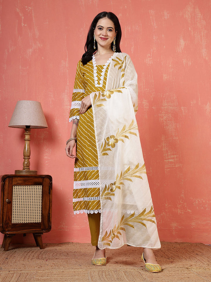 Printed Cotton Blend Kurta With Pants &amp; Dupatta