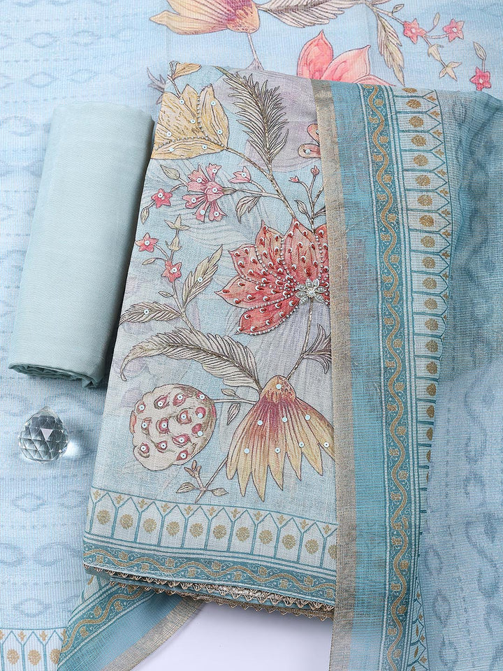 Embroidered Linen Blend Unstitched Suit With Pant Dupatta