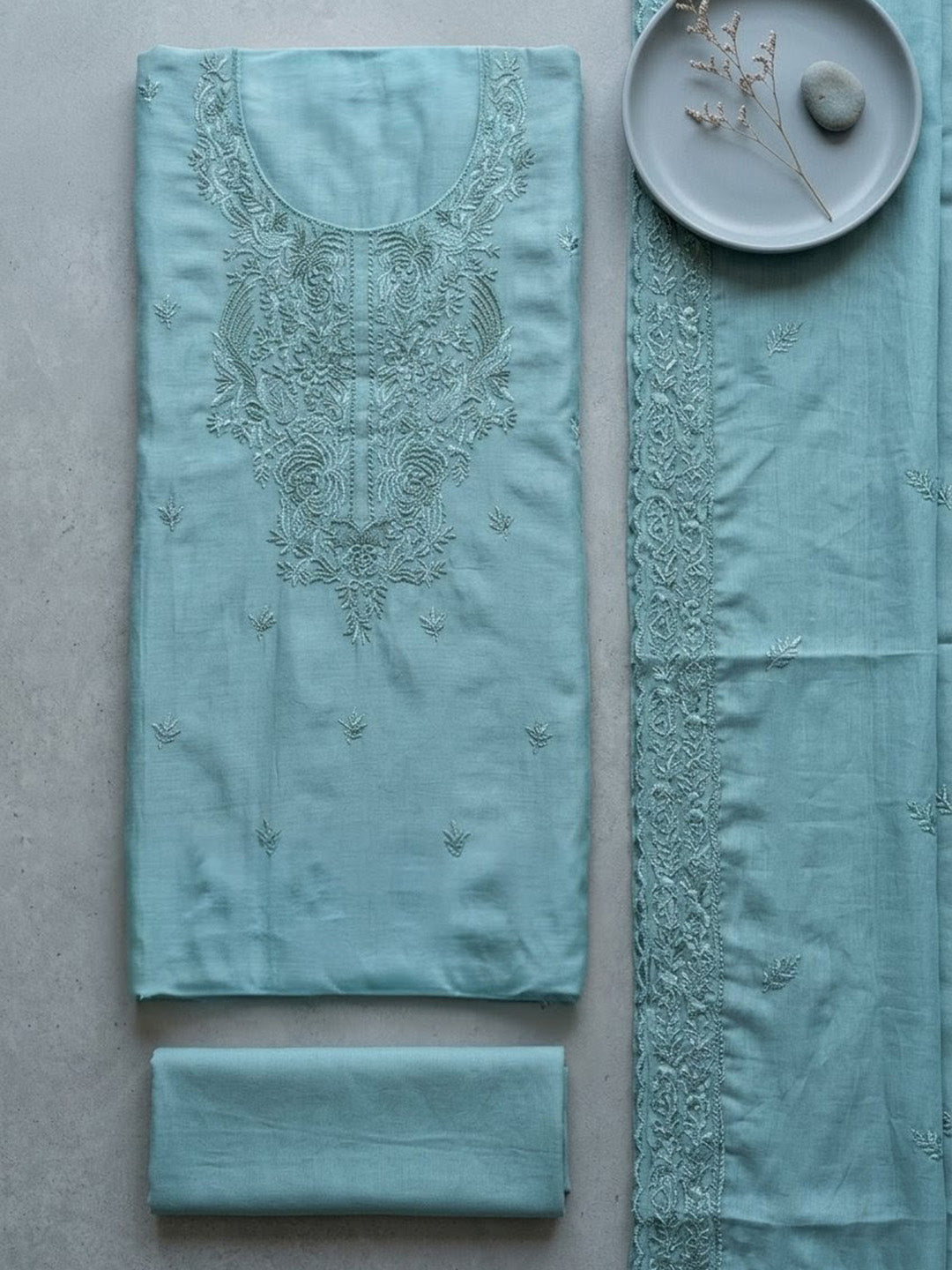 Embroidered Chanderi Unstitched Suit With Pant &amp; Dupatta