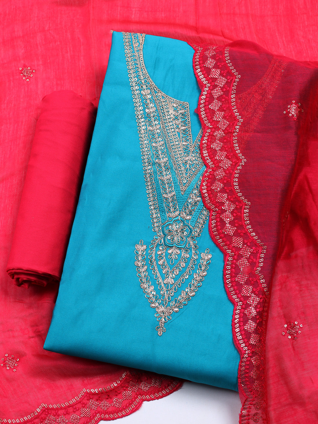 Neck Embroidered Chanderi Unstitched Suit With Dupatta