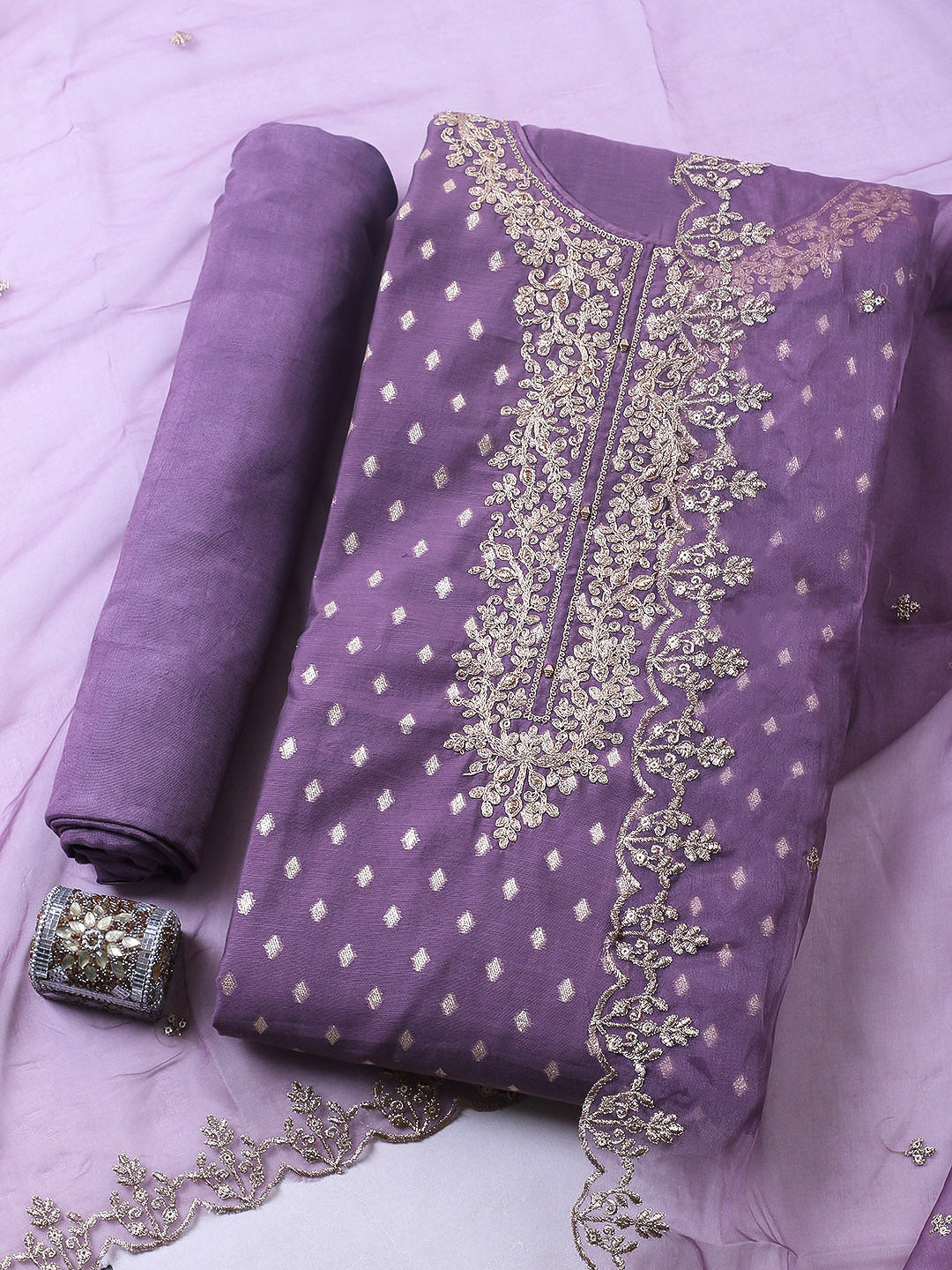 Embroidered Chanderi Unstitched Suit With Pant &amp; Dupatta