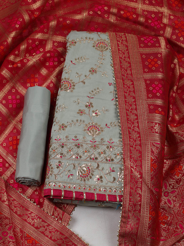Embroidered Chanderi Unstitched Suit With Pant &amp; Dupatta