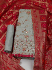 Embroidered Chanderi Grey-Rani Unstitched Suit With Pant & Dupatta