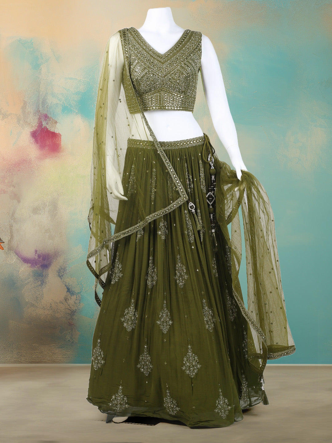 Resham Mirror Work Georgette Choli With Lehenga & Dupatta
