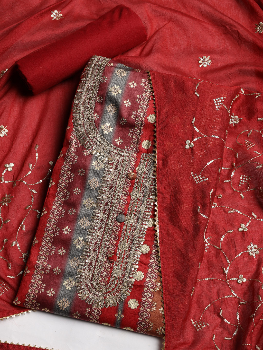 Neck Embroidered Cotton Blend Unstitched Suit With Dupatta