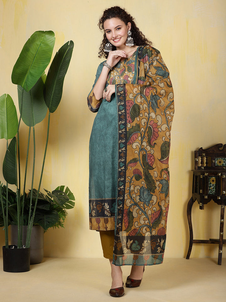 Printed Cotton Blend Kurta With Pants &amp; Dupatta
