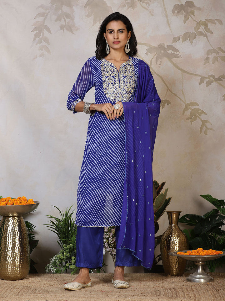 Embroidered Georgette Kurta With Pants &amp; Dupatta