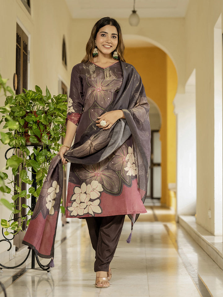 Embroidered Art Silk Kurta With Pant &amp; Dupatta