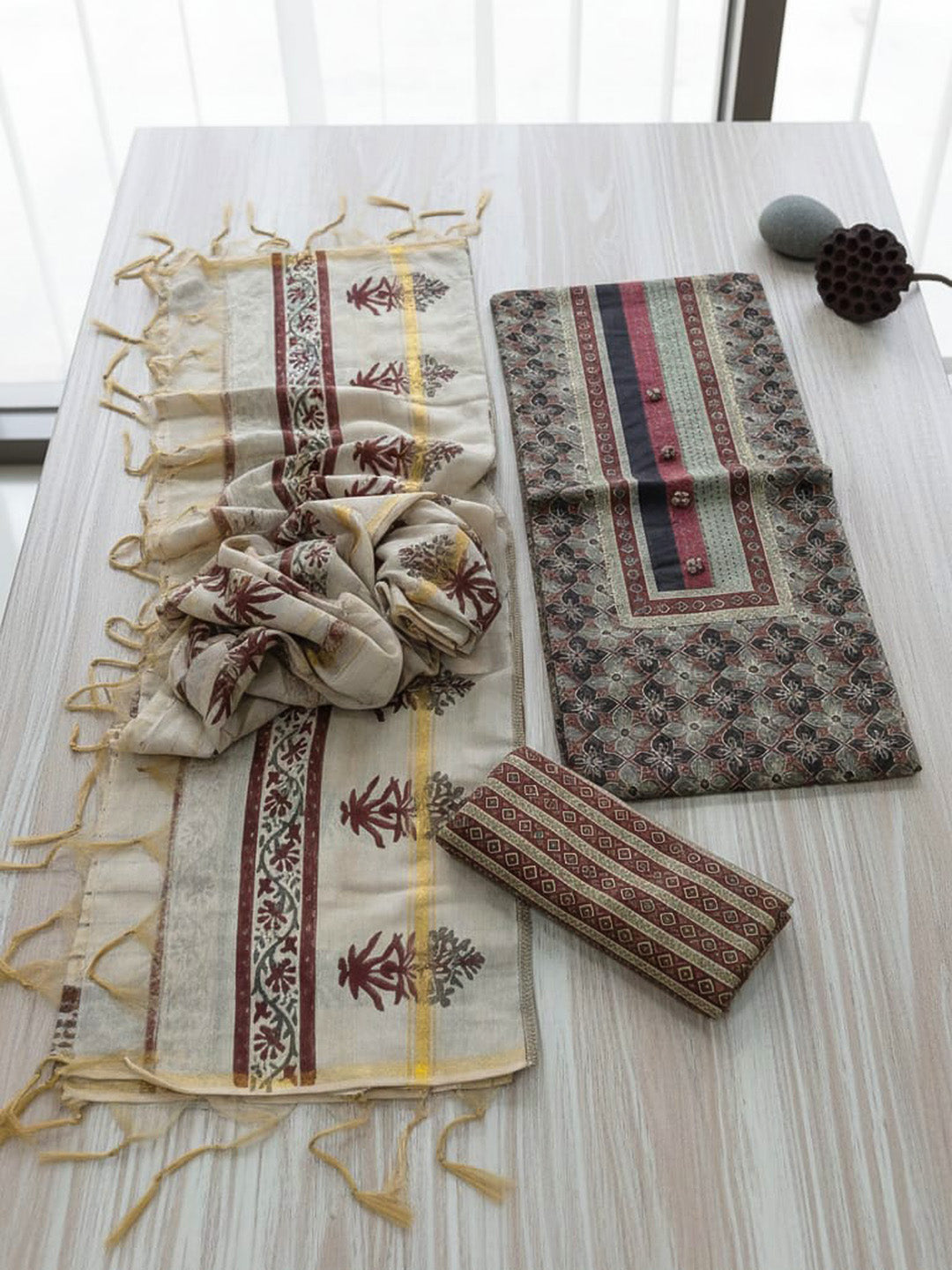 Embroidered Cotton Blend Unstitched Suit With Pant &amp; Dupatta