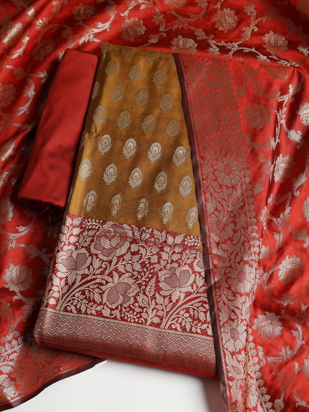 Woven Banarasi Chanderi Unstitched Suit With Dupatta