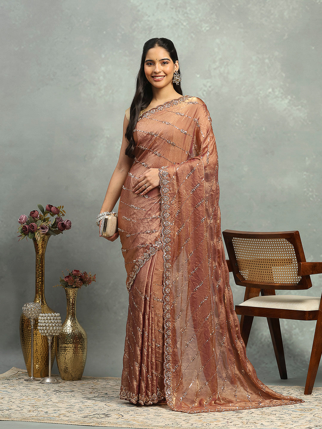 Stone &amp; Cut Work Embellished Organza Saree