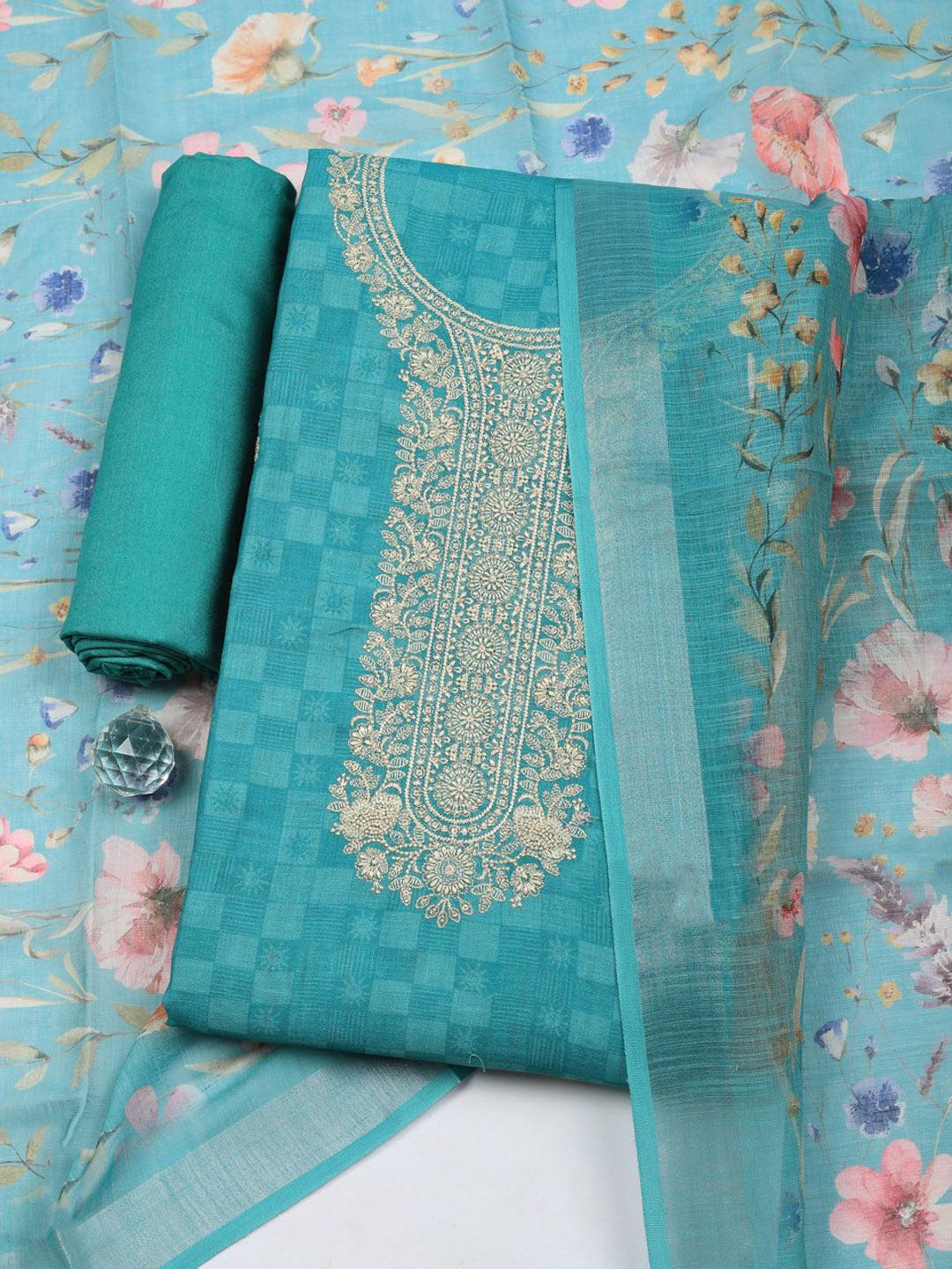 Embroidered Linen Blend Unstitched Suit With Pant &amp; Dupatta