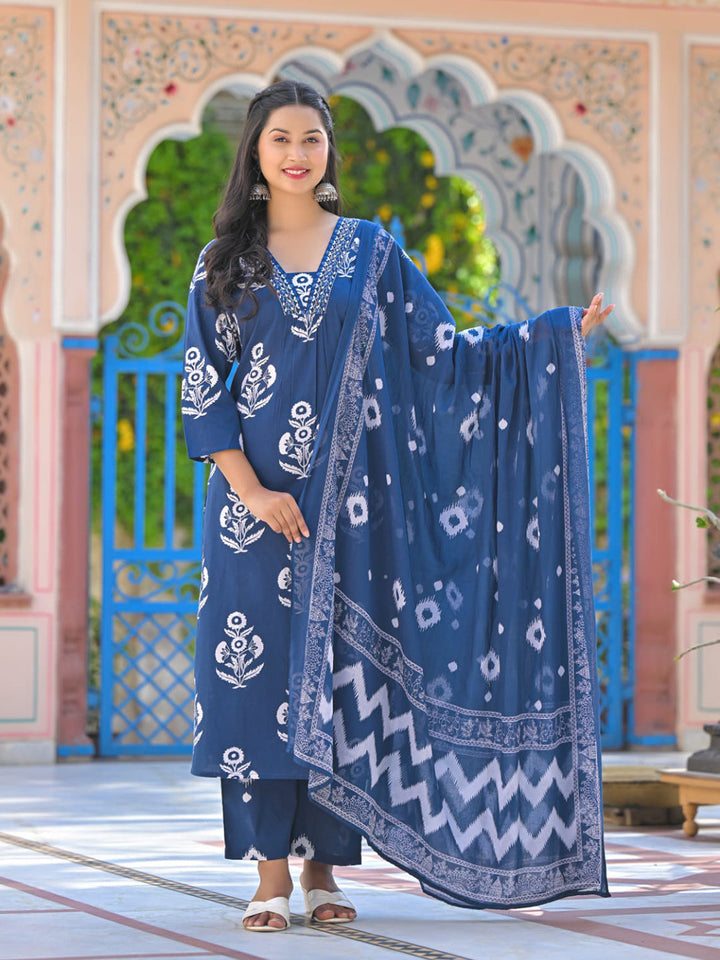 Floral Printed Cotton Kurta With Pants &amp; Dupatta