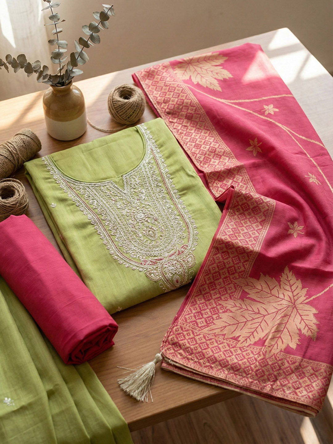 Embroidered Chanderi Unstitched Suit With Pant &amp; Dupatta