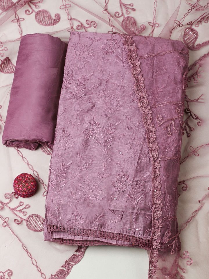 Embroidered Chanderi Unstitched Suit With Pant &amp; Dupatta