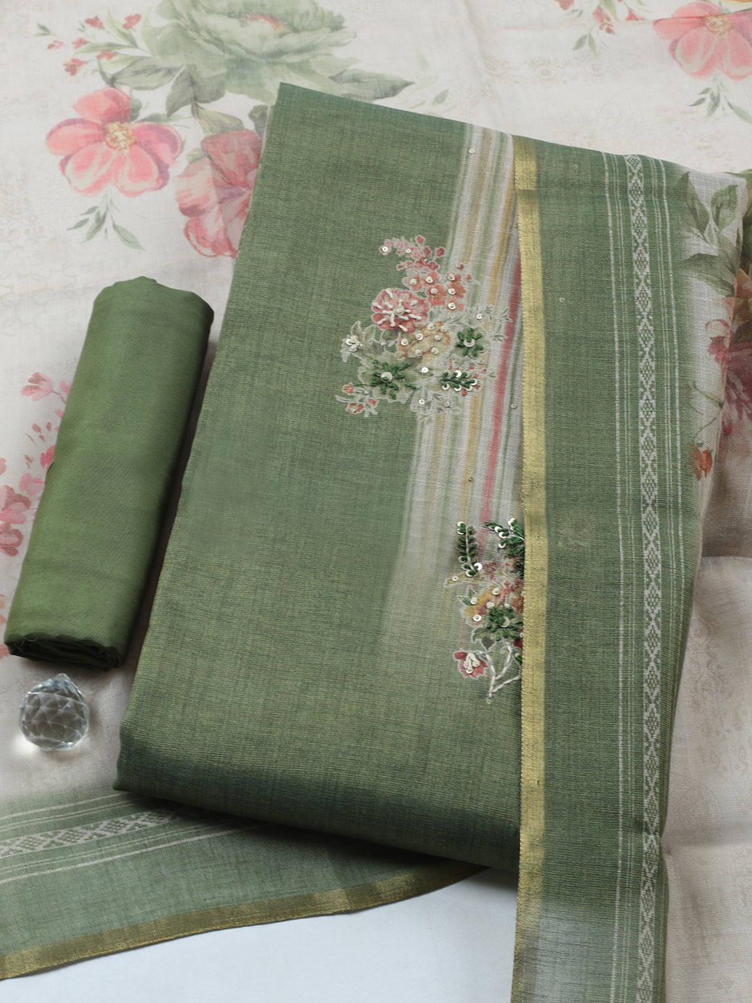 Printed Linen Blend Unstitched Suit With Pant &amp; Dupatta