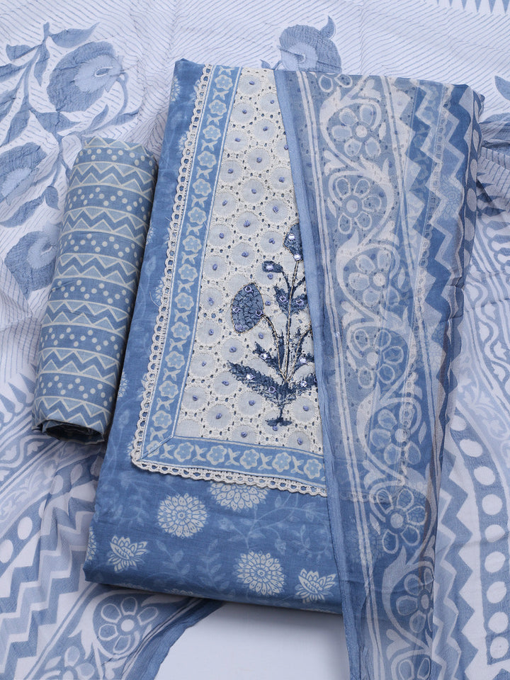Printed Cotton Blend Unstitched Kurta With Pant &amp; Dupatta