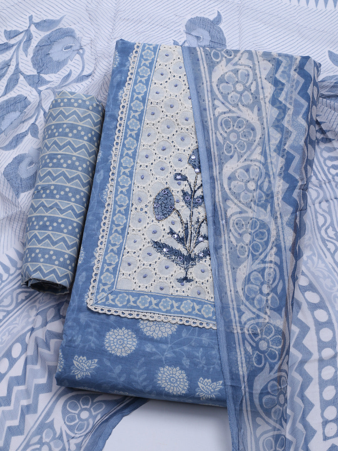 Printed Cotton Blend Unstitched Kurta With Pant & Dupatta