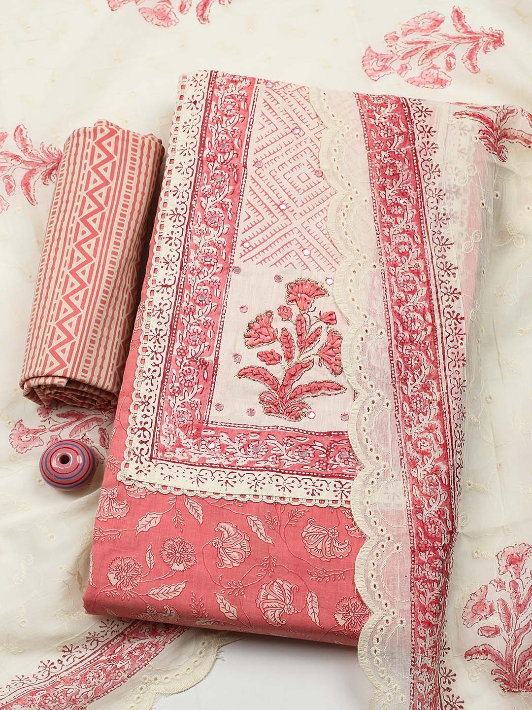 Printed Cotton Blend Unstitched Suit With Pant &amp; Dupatta