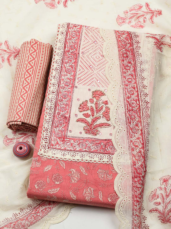 Printed Cotton Blend Unstitched Suit With Pant &amp; Dupatta